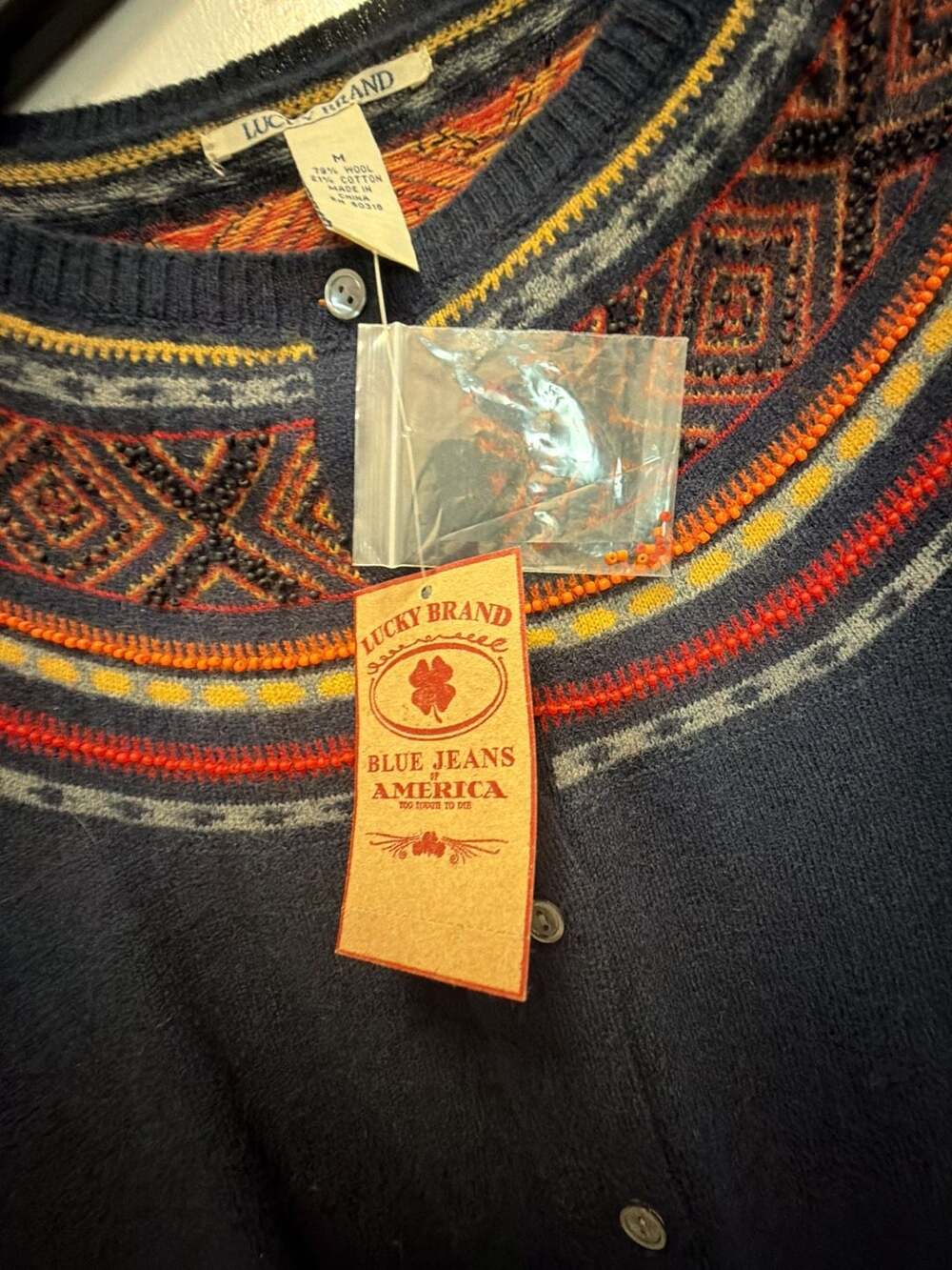 NWT Lucky Brand Beaded Fair Isle Trim Wool Blend Cardigan Sweater M - Picture 4 of 4